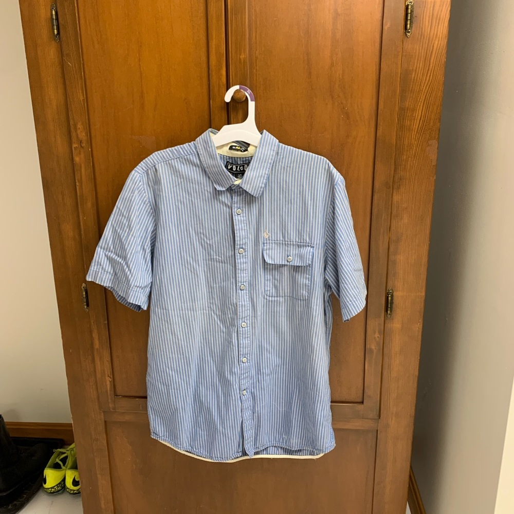 Volcom Light Blue Striped Button Down Shirt